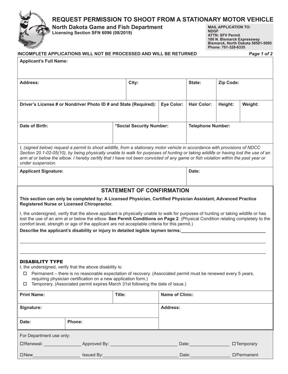 Form SFN6096 Request Permission to Shoot From a Stationary Motor Vehicle - North Dakota, Page 1