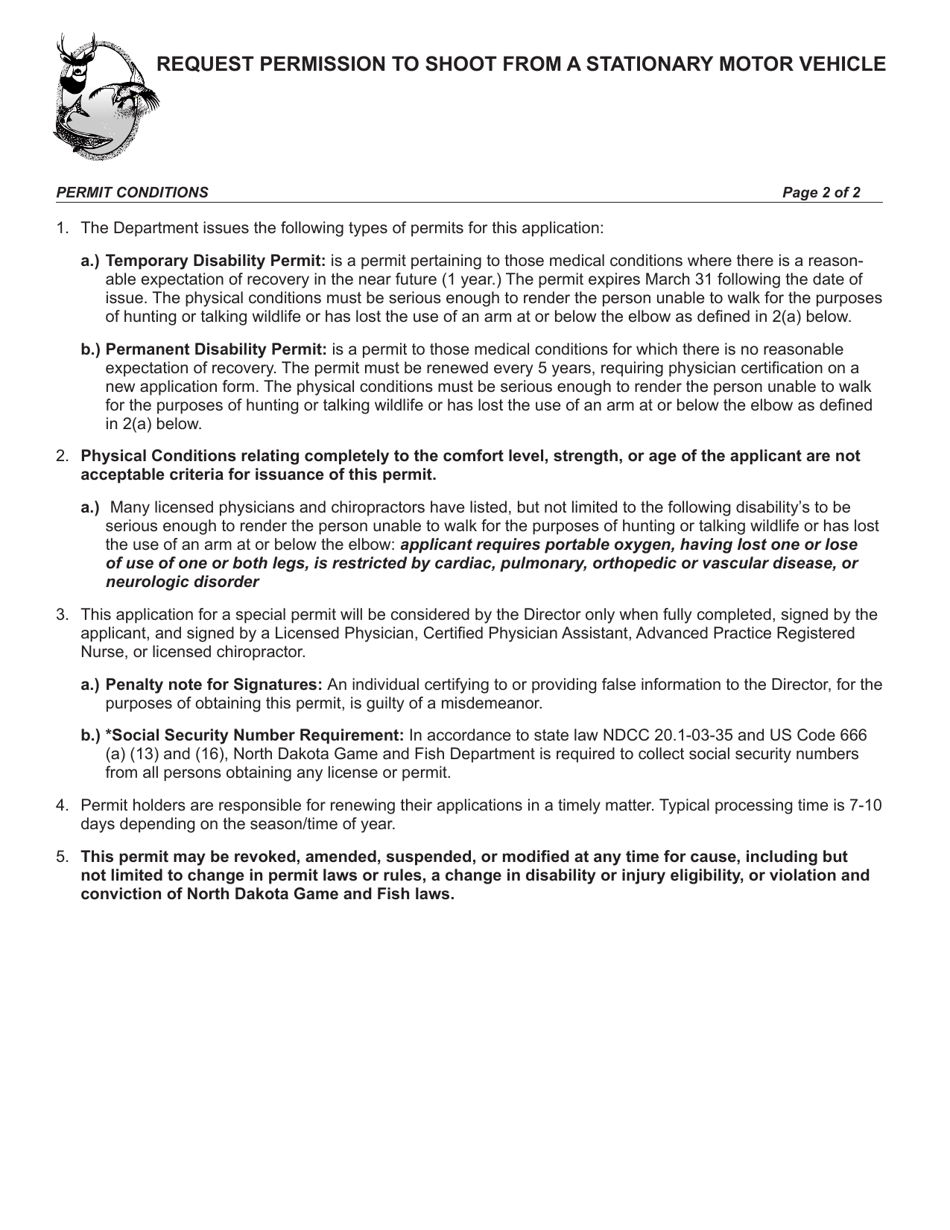 Form SFN6096 Request Permission to Shoot From a Stationary Motor Vehicle - North Dakota, Page 2