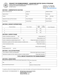 Document preview: Form SFN8387 Request for Reimbursement - Abandoned Motor Vehicle Program - North Dakota