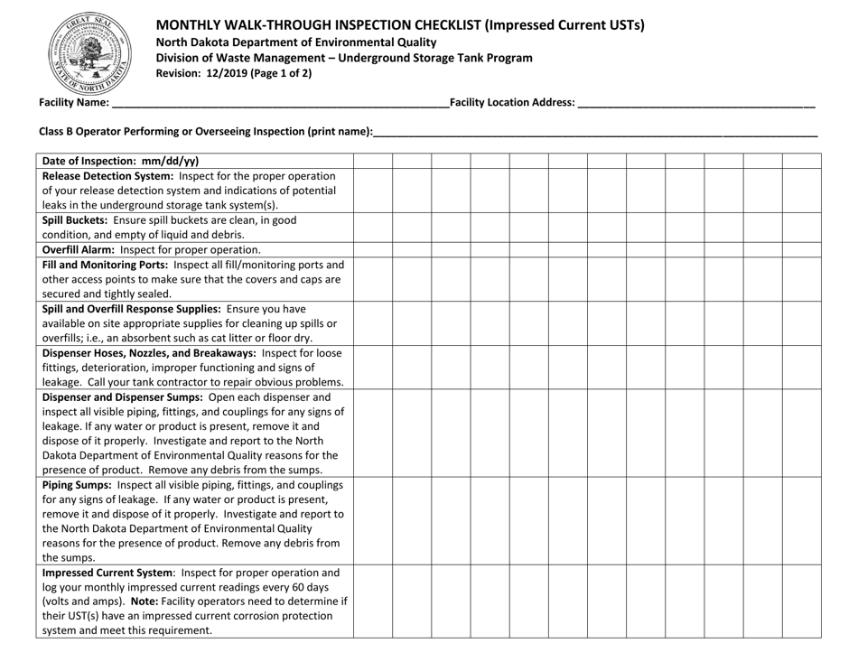 Monthly Walk-Through Inspection Checklist (Impressed Current Usts) - North Dakota, Page 1