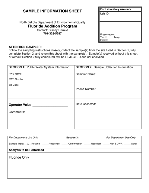 Fluoride Sample Information Sheet and Operator Value Report Form - North Dakota Download Pdf