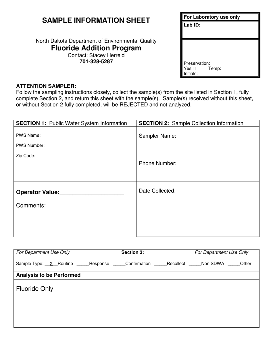 Fluoride Sample Information Sheet and Operator Value Report Form - North Dakota, Page 1