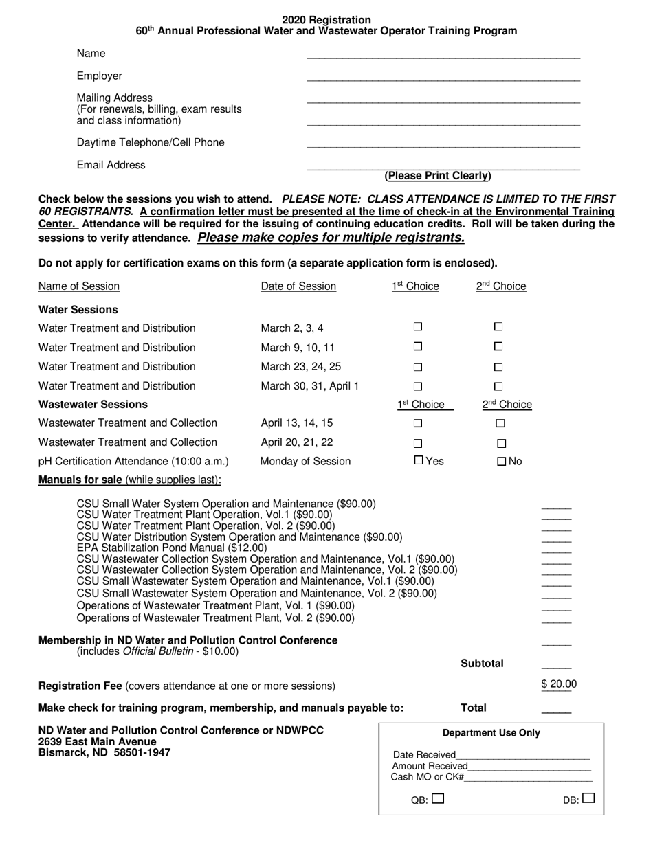 60th Annual Professional Water and Wastewater Operator Training Program Registration - North Dakota, Page 1