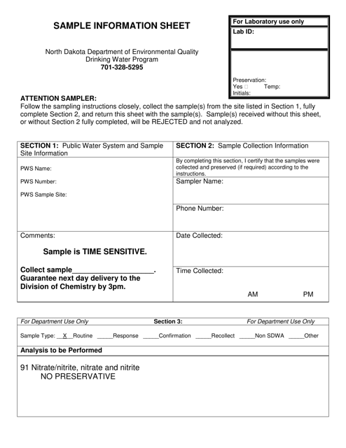 Individual Nitrate / Nitrite Sample Information Sheet - North Dakota Download Pdf