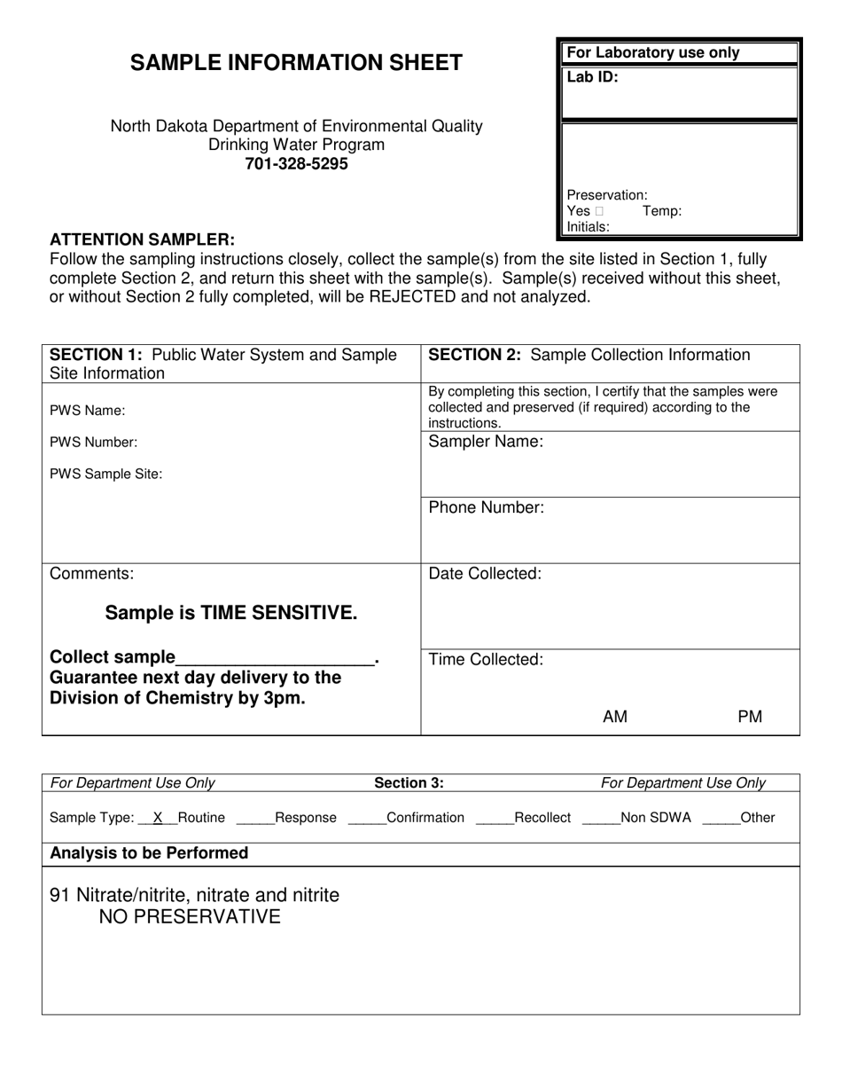 Individual Nitrate / Nitrite Sample Information Sheet - North Dakota, Page 1