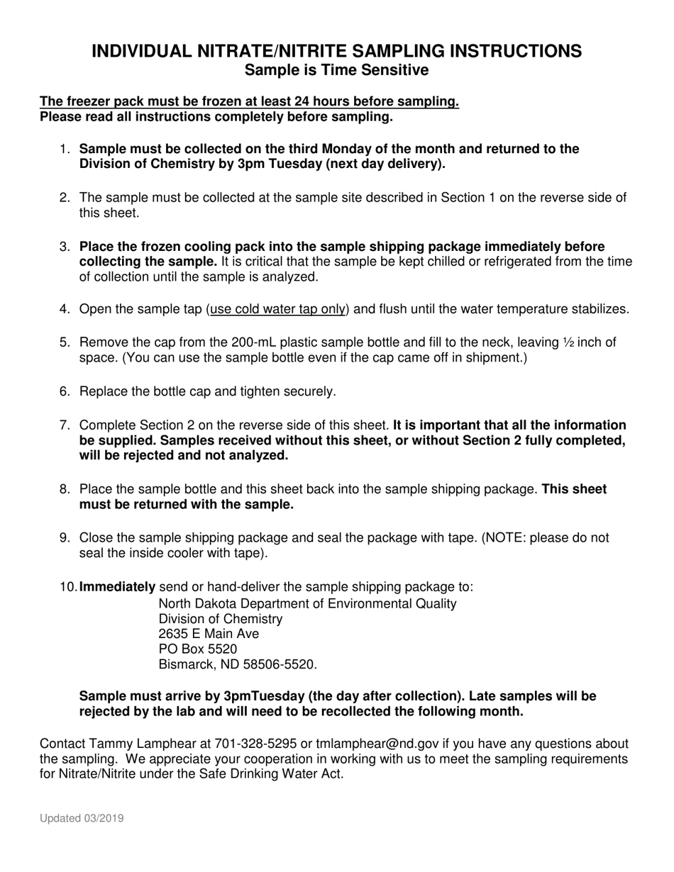 Individual Nitrate / Nitrite Sample Information Sheet - North Dakota, Page 2