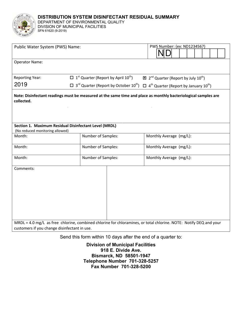 Form SFN61620 Distribution System Disinfectant Residual Summary - North Dakota, Page 1
