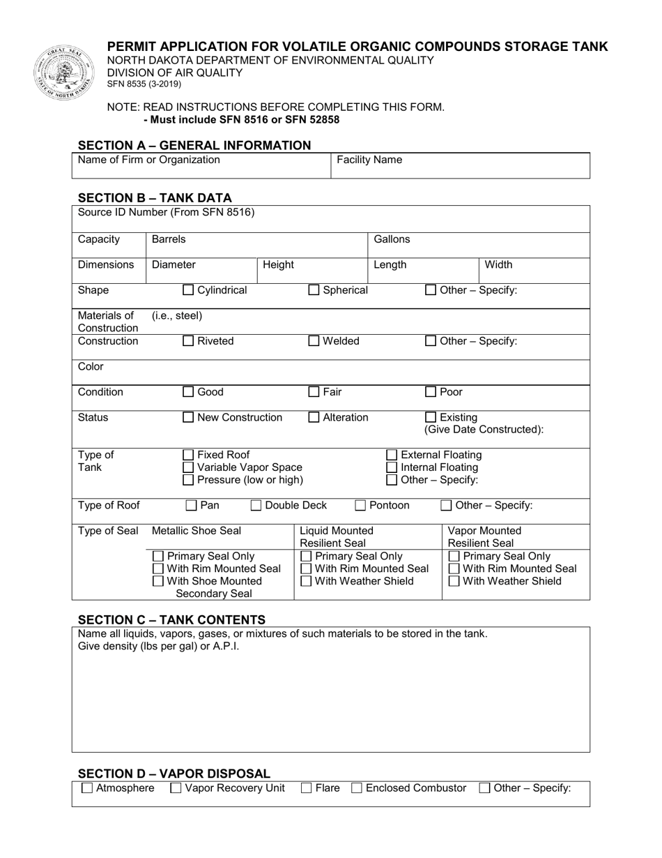 Form SFN8535 Permit Application for Volatile Organic Compounds Storage Tank - North Dakota, Page 1