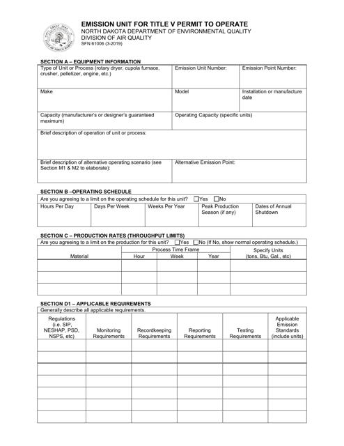 Form SFN61006 Emission Unit for Title V Permit to Operate - North Dakota