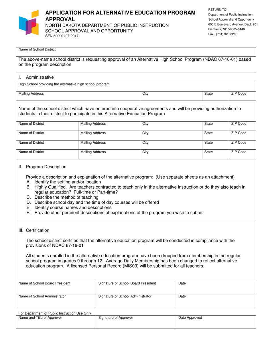 Form SFN50090 Application for Alternative Education Program Approval - North Dakota, Page 1