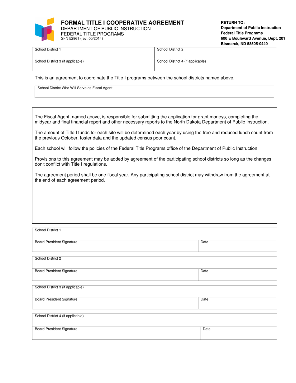 Form SFN52861 Formal Title I Cooperative Agreement - North Dakota, Page 1