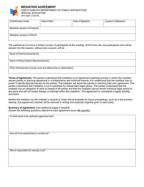 Form SFN52942 Mediation Agreement - North Dakota