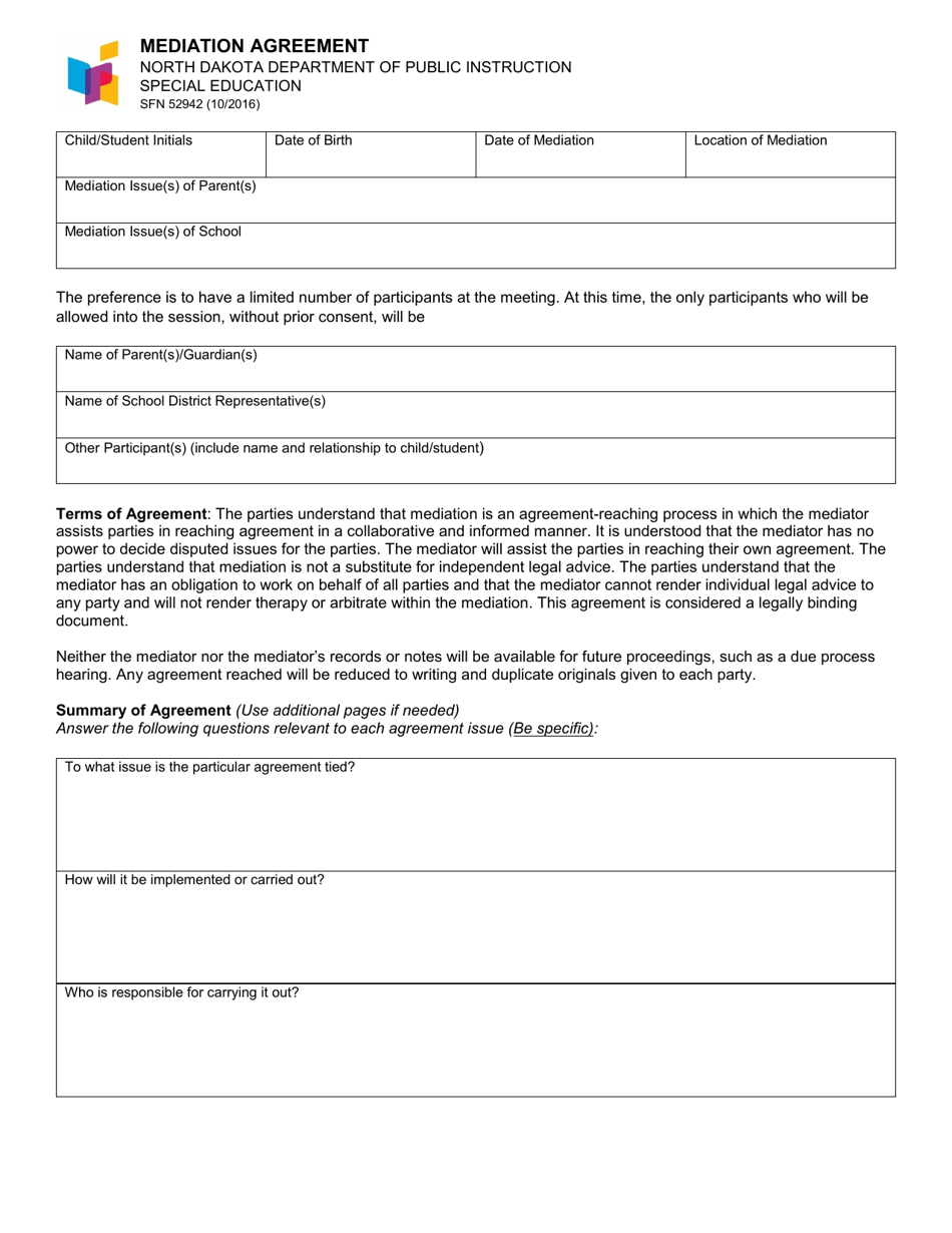 Form SFN52942 Mediation Agreement - North Dakota, Page 1