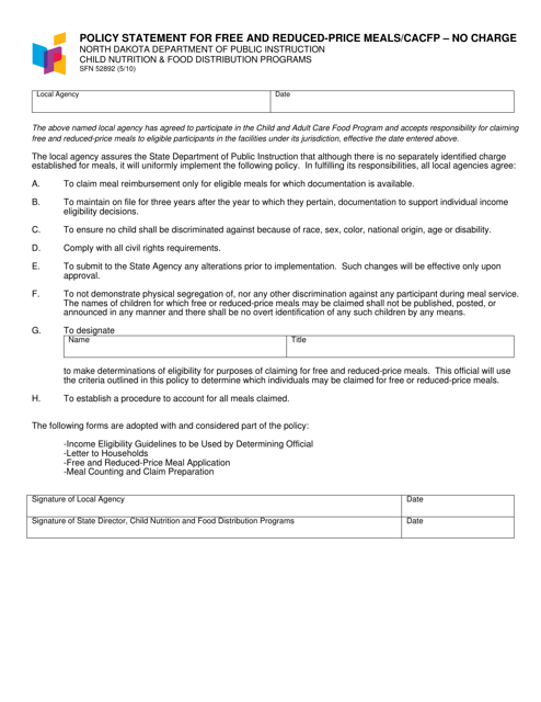 Form SFN52892 Policy Statement for Free and Reduced - Price Meals/CACFP - No Charge - North Dakota