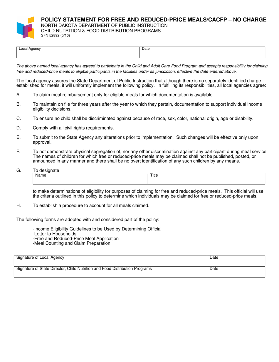 Form SFN52892 Policy Statement for Free and Reduced - Price Meals / CACFP - No Charge - North Dakota, Page 1