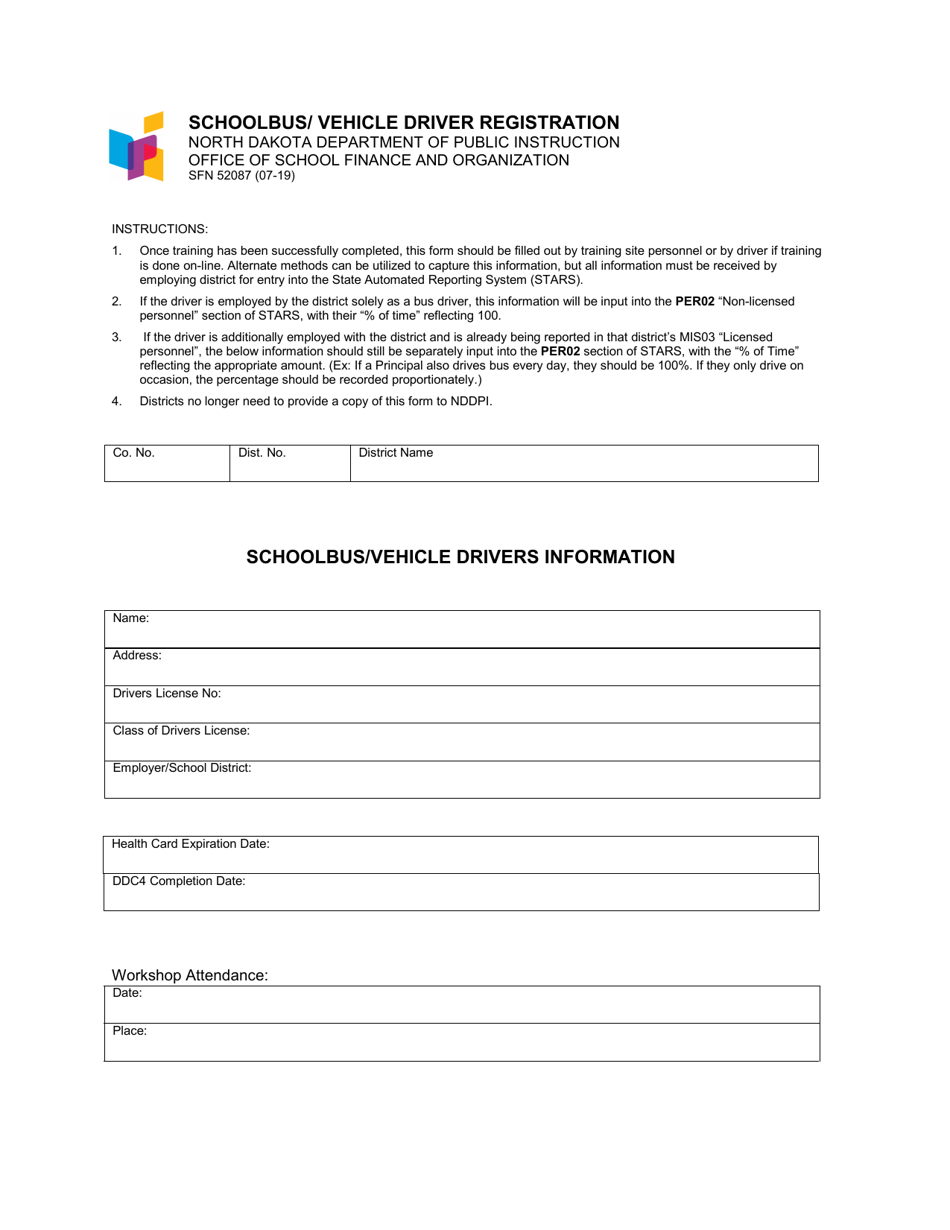 Form SFN52087 School Bus / Vehicle Driver Registration - North Dakota, Page 1