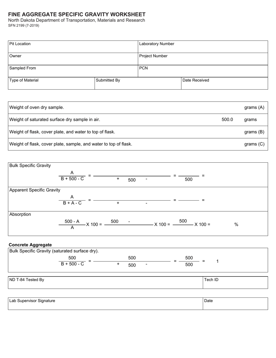 Form SFN2199 Fine Aggregate Specific Gravity Worksheet - North Dakota, Page 1