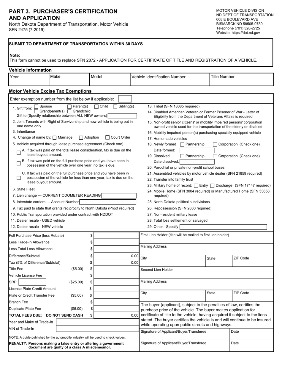 Form SFN2475 Part 3 Purchasers Certification and Application - North Dakota, Page 1