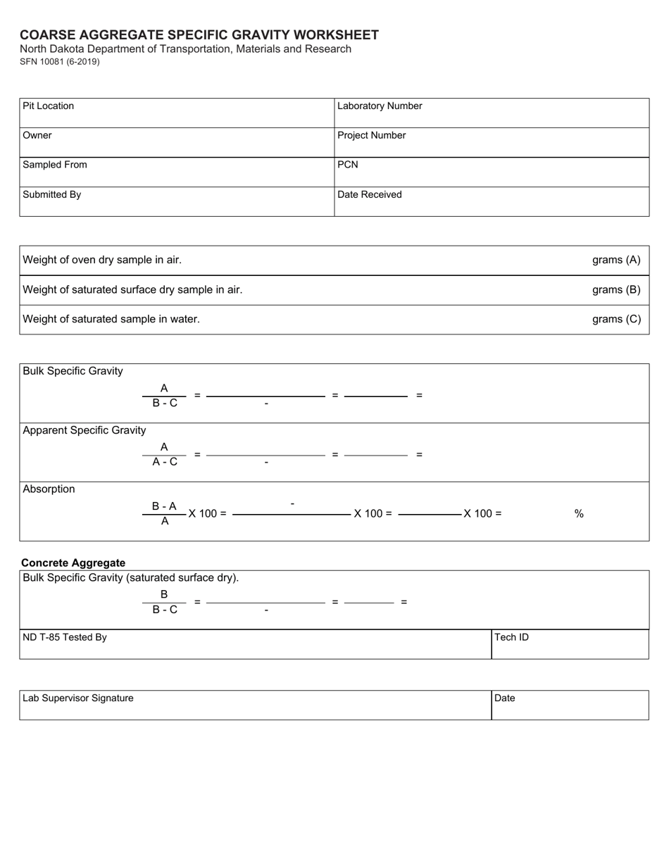 Form SFN10081 Coarse Aggregate Specific Gravity Worksheet - North Dakota, Page 1