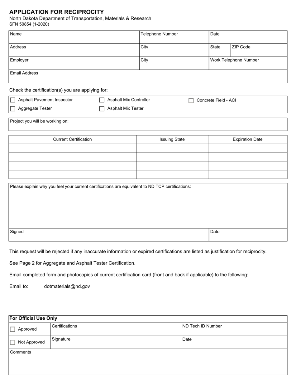 Form SFN50854 Application for Reciprocity - North Dakota, Page 1
