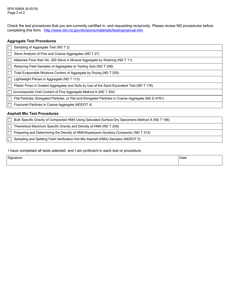 Form SFN50854 Application for Reciprocity - North Dakota, Page 2