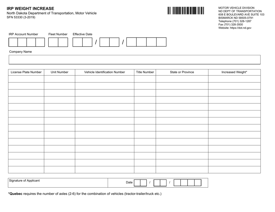 Form SFN53330 Irp Weight Increase - North Dakota, Page 1