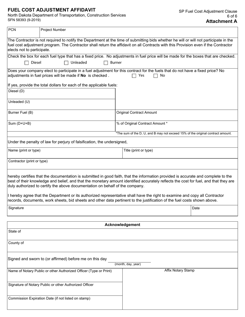 Form Sfn58393 Attachment A Download Fillable Pdf Or Fill Online Fuel Cost Adjustment Affidavit 9630