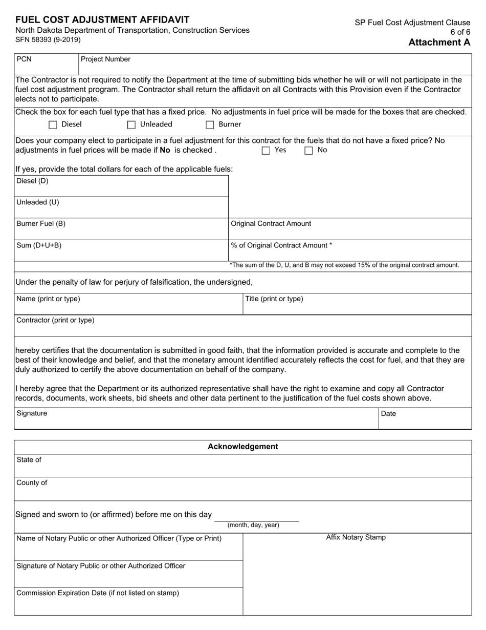 Form SFN58393 Attachment A Fuel Cost Adjustment Affidavit - North Dakota, Page 1