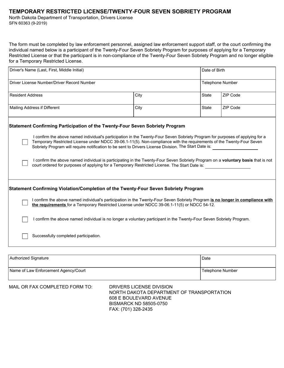Form SFN60363 Temporary Restricted License / Twenty-Four Seven Sobriety Program - North Dakota, Page 1
