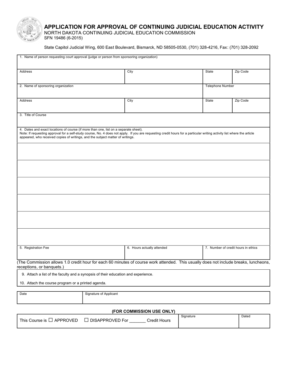 Form SFN19486 Application for Approval of Continuing Judicial Education Activity - North Dakota, Page 1