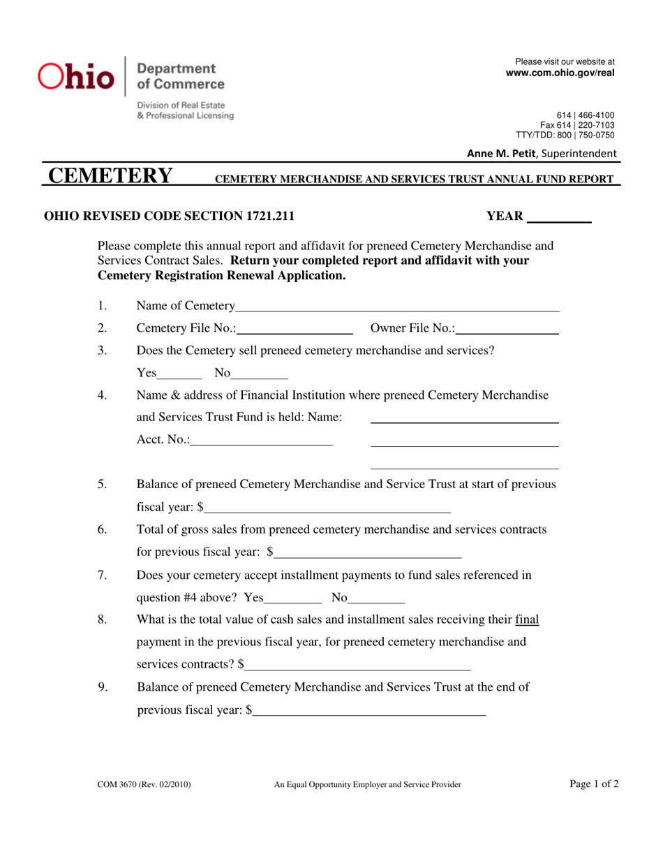 Form COM3670 Cemetery Merchandise and Services Trust Annual Fund Report - Ohio, Page 1