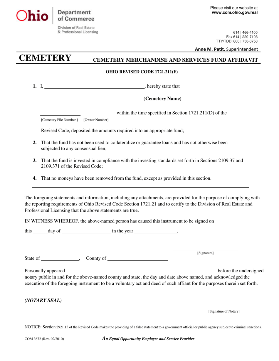 Form COM3672 Cemetery Merchandise and Services Fund Affidavit - Ohio, Page 1