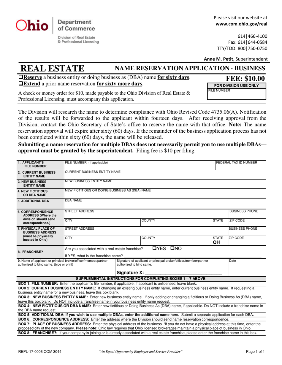 Form REPL-17-0006 (COM3044) Name Reservation Application - Business - Ohio, Page 1