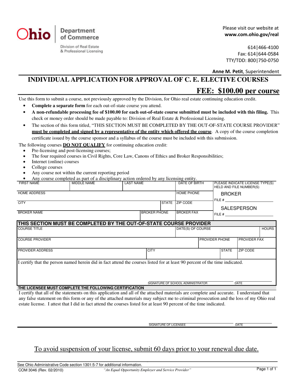 Form COM3046 Individual Application for Approval of C.e. Elective Courses - Ohio, Page 1