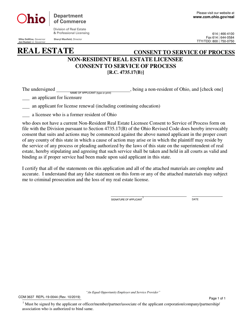 Form COM3637 (REPL-19-0044) Non-resident Real Estate Licensee Consent to Service of Process - Ohio, Page 1