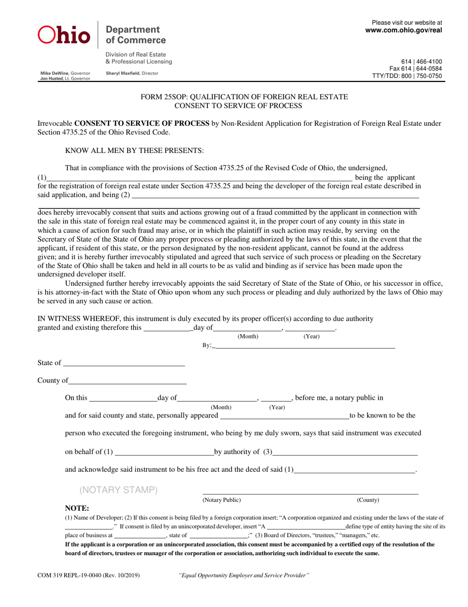 Form REPL-19-0040 (COM3619; 25SOP) Qualification of Foreign Real Estate Consent to Service of Process - Ohio, Page 1