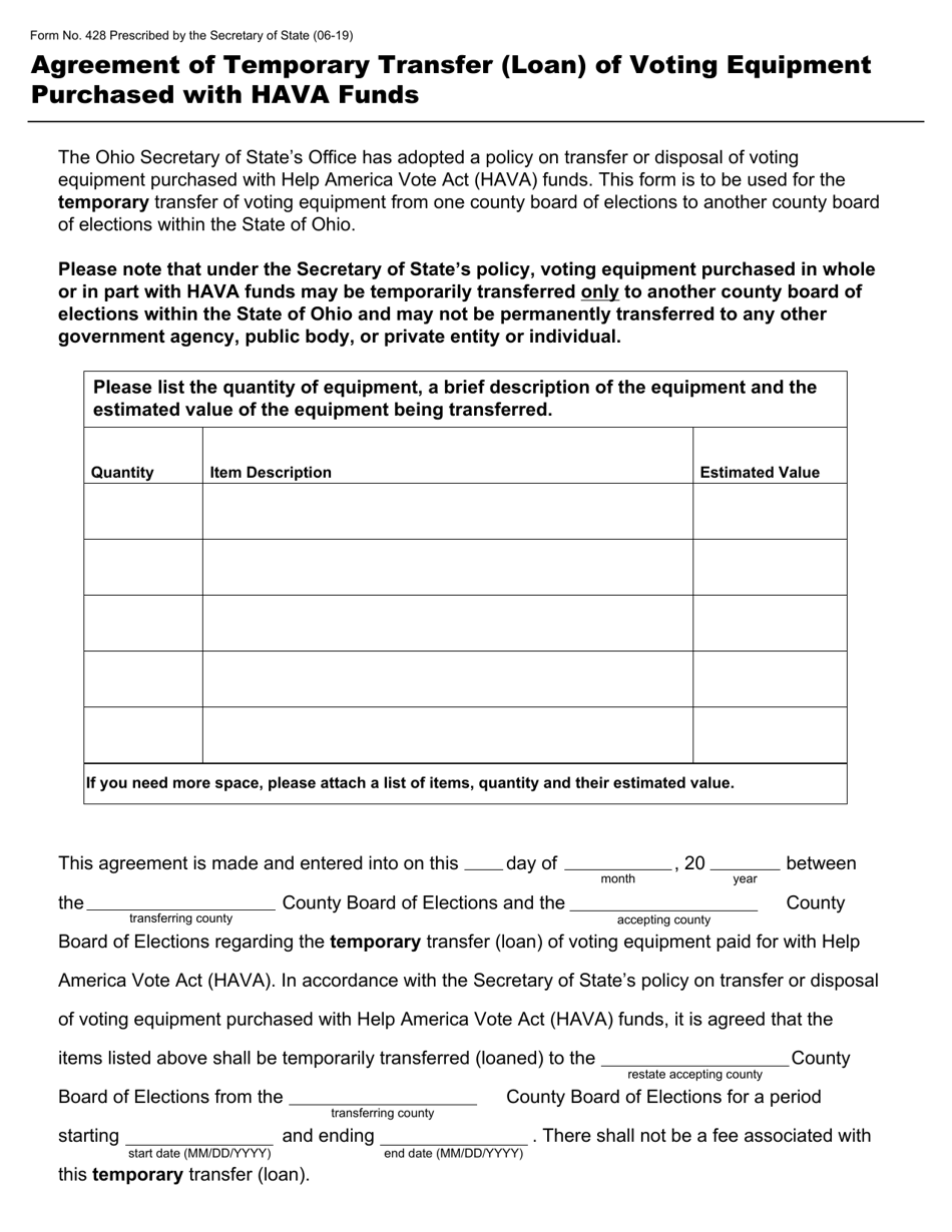Form 428 Agreement of Temporary Transfer (Loan) of Voting Equipment Purchased With Hava Funds - Ohio, Page 1