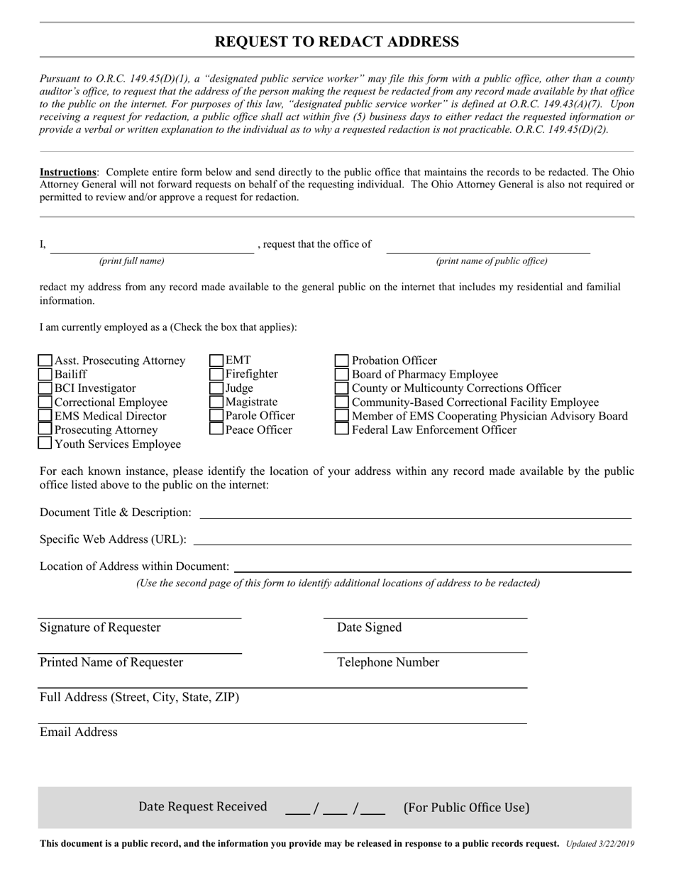 Request to Redact Address - Ohio, Page 1