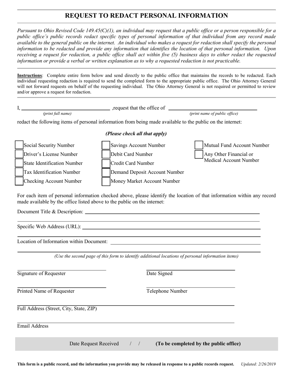 Request to Redact Personal Information - Ohio, Page 1