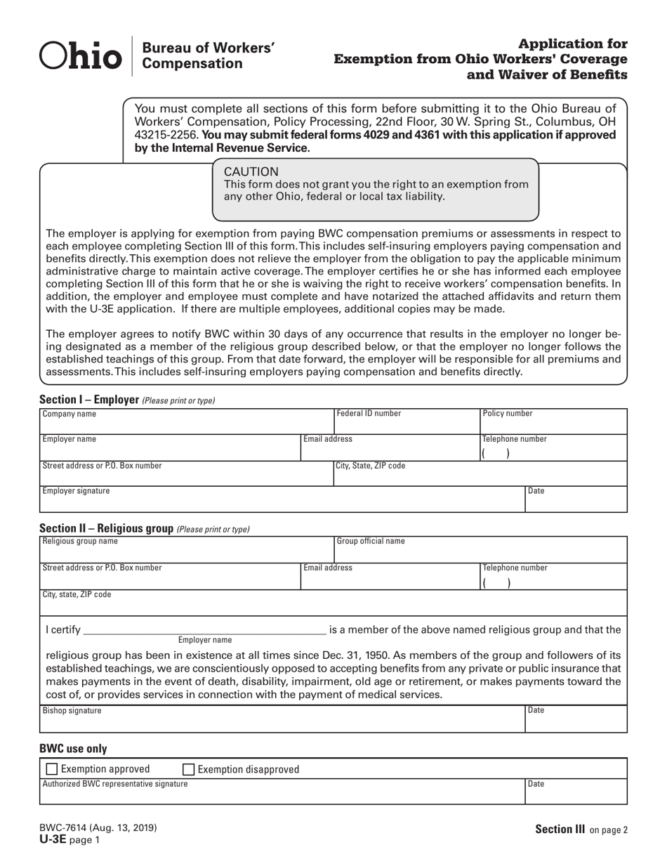 Form U-3E (BWC-7614) Application for Exemption From Ohio Workers Coverage and Waiver of Benefits - Ohio, Page 1