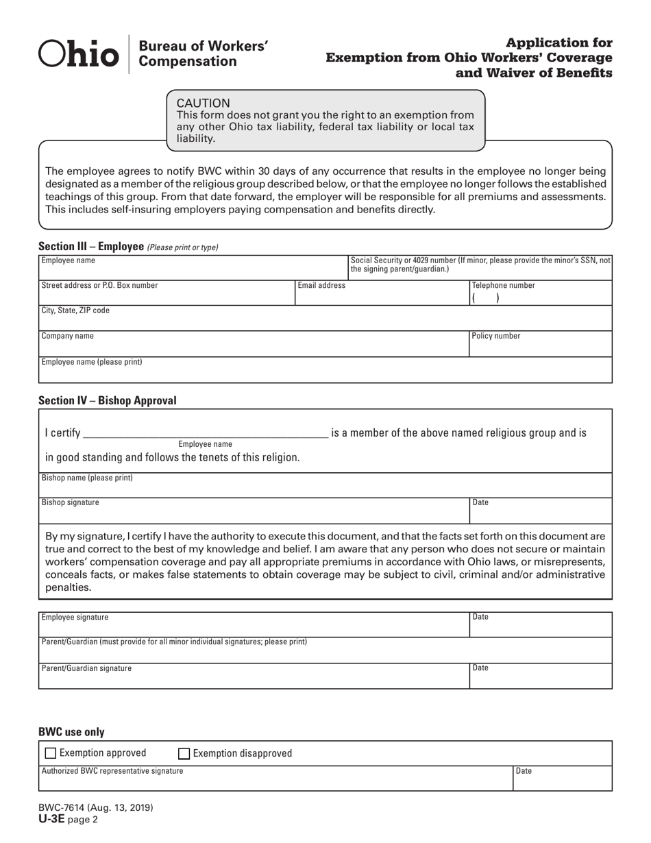 Form U-3E (BWC-7614) Application for Exemption From Ohio Workers Coverage and Waiver of Benefits - Ohio, Page 2