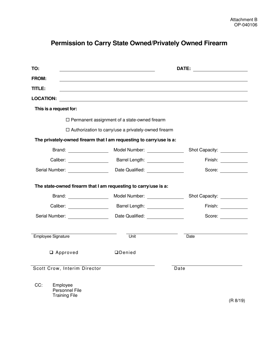 Form OP-040106 Attachment B Permission to Carry State Owned / Privately Owned Firearm - Oklahoma, Page 1