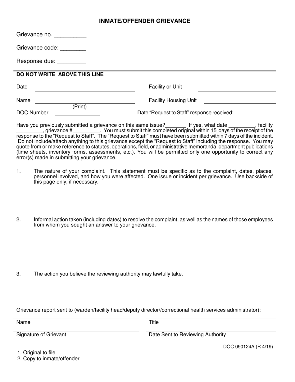 Form OP-090124A Inmate/Offender Grievance - Oklahoma, Page 1