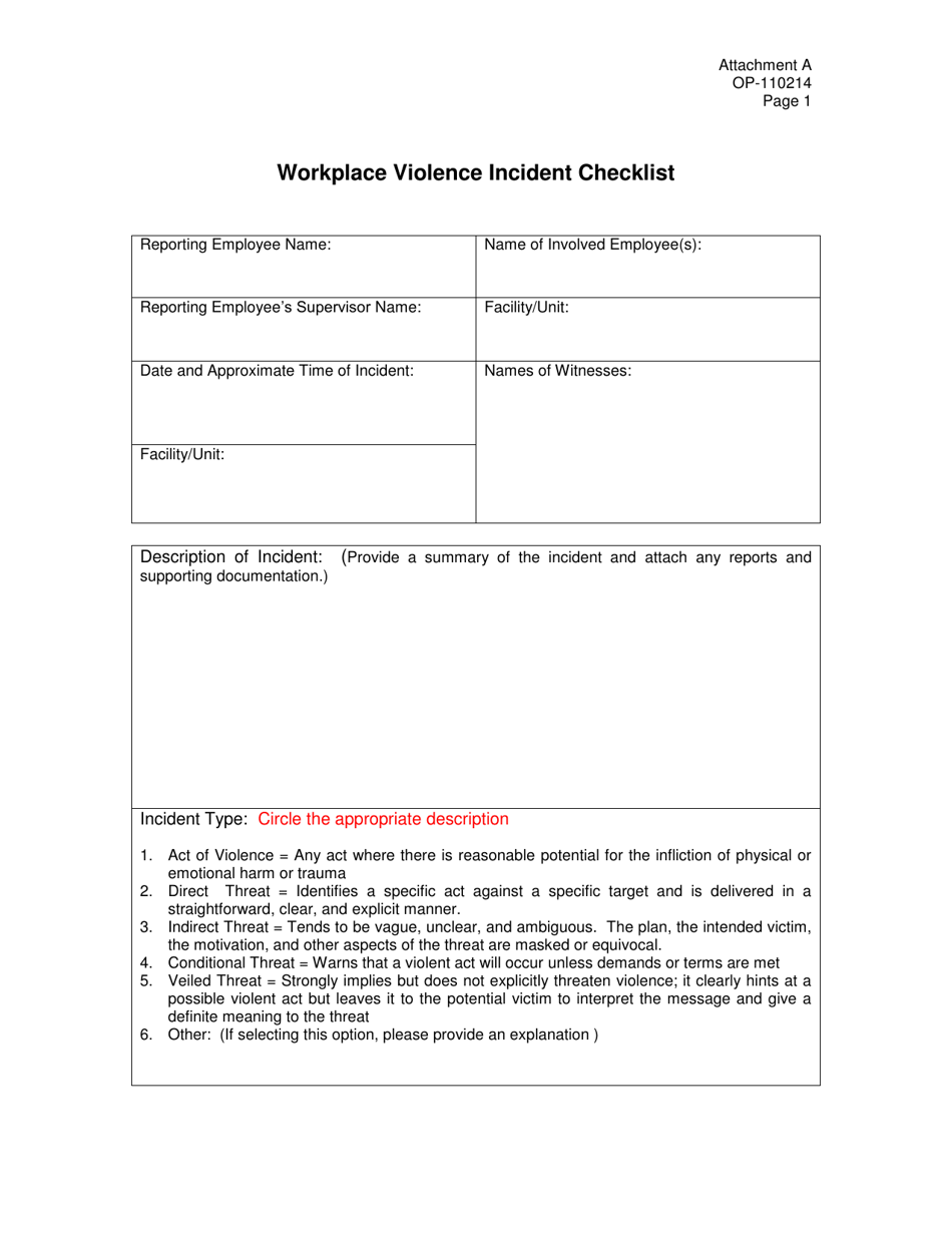Form OP-110214 Attachment A Workplace Violence Incident Checklist - Oklahoma, Page 1