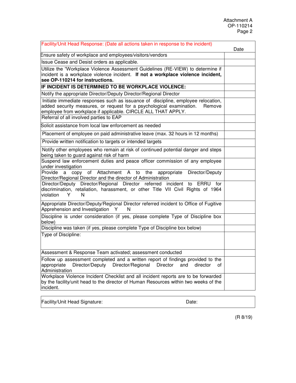 Form OP-110214 Attachment A Workplace Violence Incident Checklist - Oklahoma, Page 2