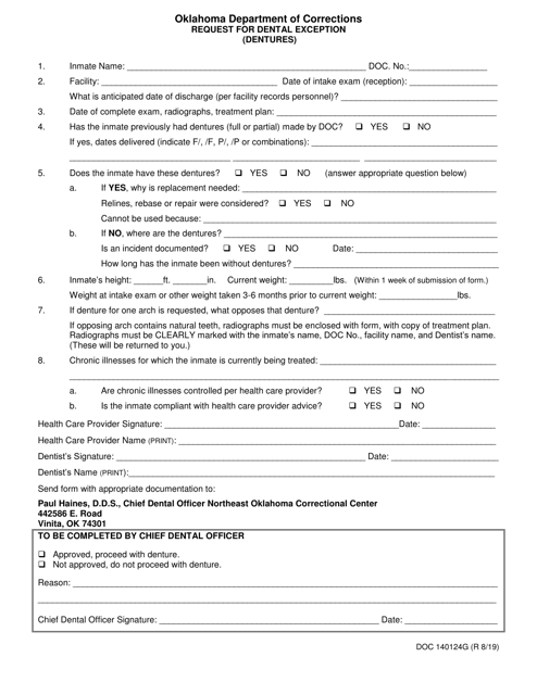Form OP-140124 G Request for Dental Exception (Dentures) - Oklahoma