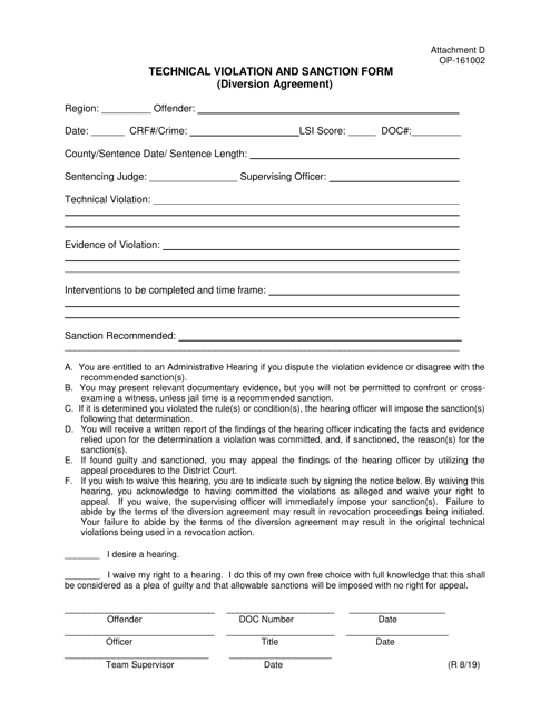 Form OP-161002 Attachment D Technical Violation and Sanction Form (Diversion Agreement) - Oklahoma