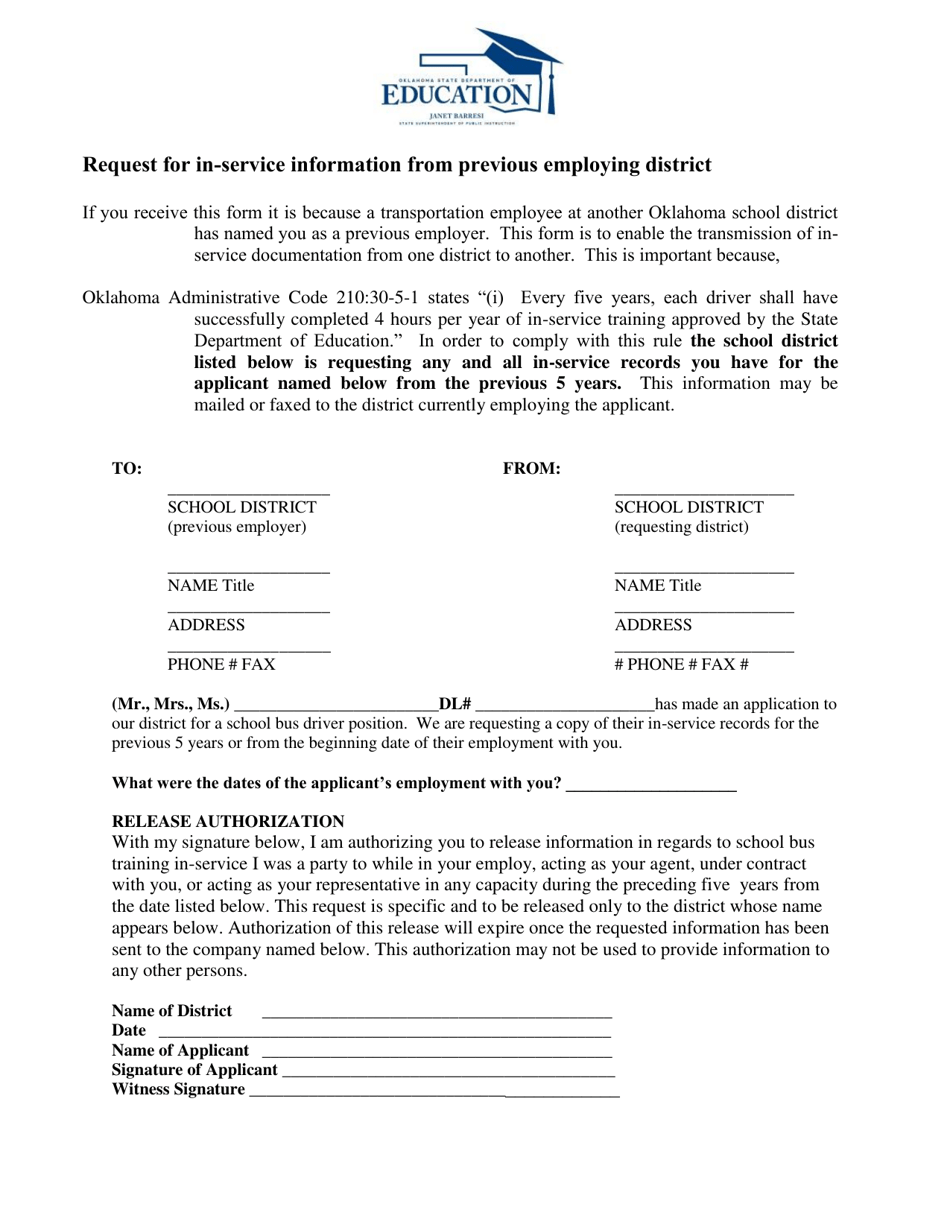 Request for In-Service Information From Previous Employing District - Oklahoma, Page 1
