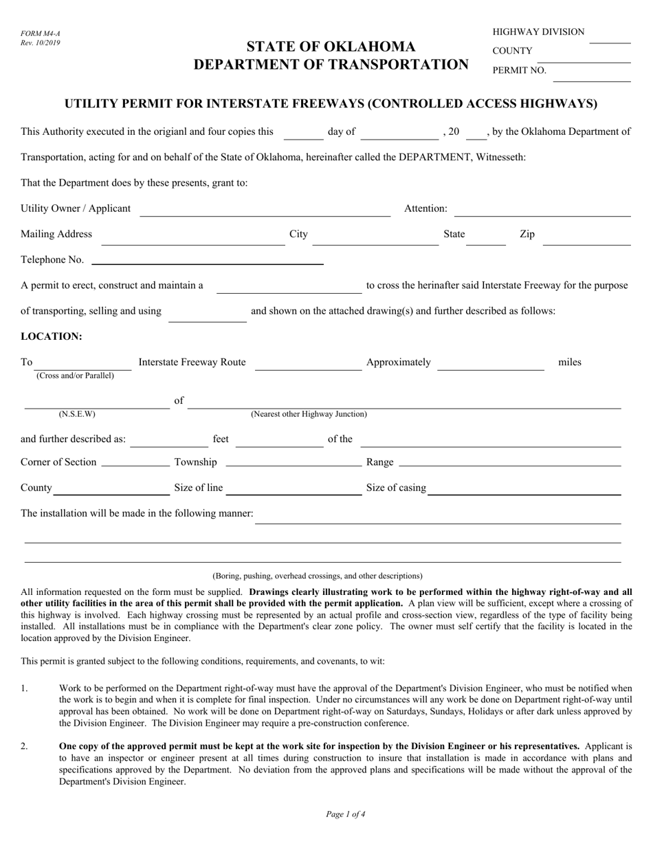 Form M4-A Utility Permit for Interstate Freeways (Controlled Access Highways) - Oklahoma, Page 1