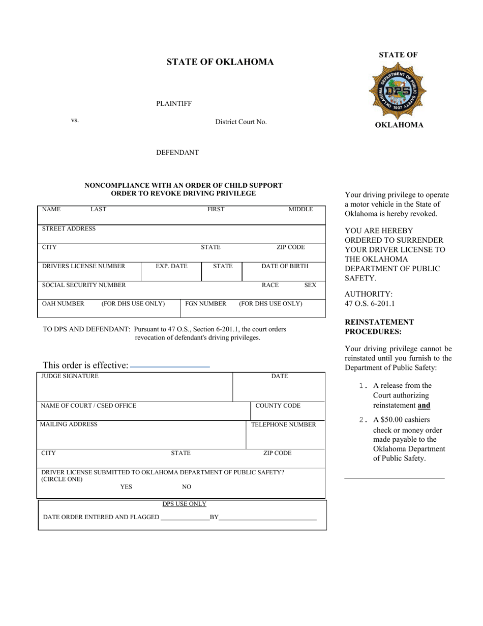Noncompliance With an Order of Child Support Order to Revoke Driving Privilege - Oklahoma, Page 1